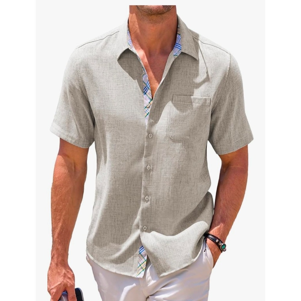 Mens Casual Short Sleeve  Linen Button Down Shirt, Plaid‎ Trim, Summer Vacation